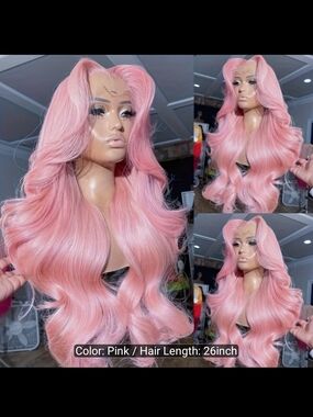 Long Pink Wavy Lace Front Wig - 26 Inch